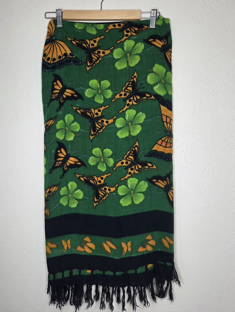 Vintage Butterfly Hibiscus Rayon Sarong Beach Wrap Fringe Boho Tropical